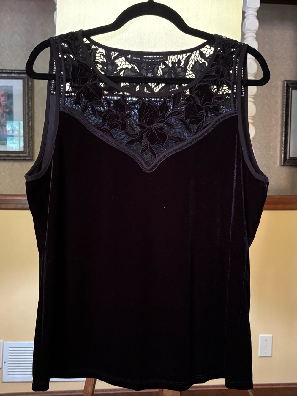 White House Black Market Black Velvet Tank with Floral Lace Yoke